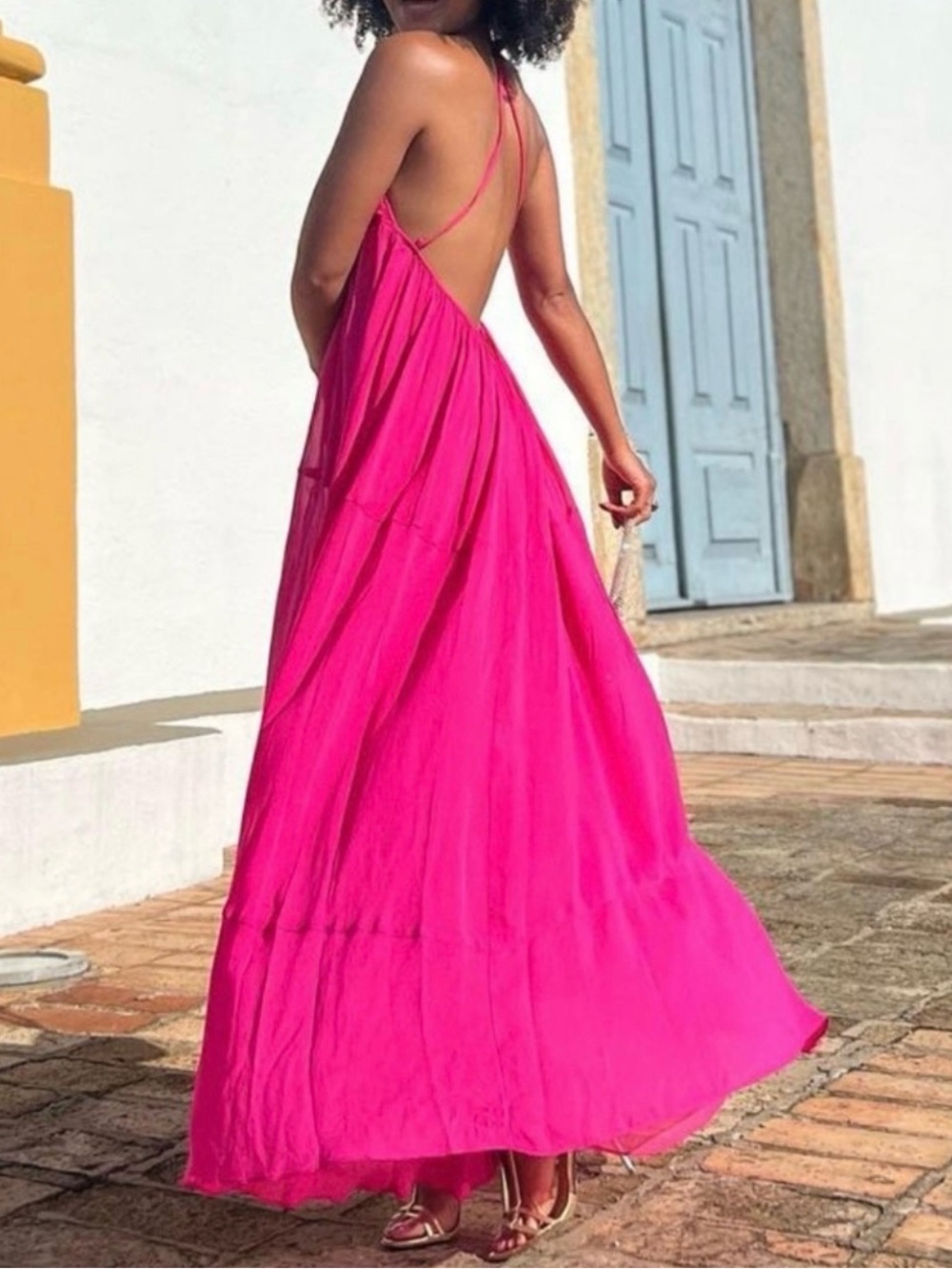 NWT ZARA Bright Fuchsia Pink Voluminous Chiffon Bustier Cutout Maxi Dress - Picture 2 of 3